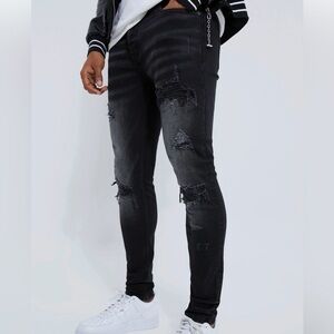 Boohoo MAN(size 32)black distressed skinny jeans button fly skater rock emo pant